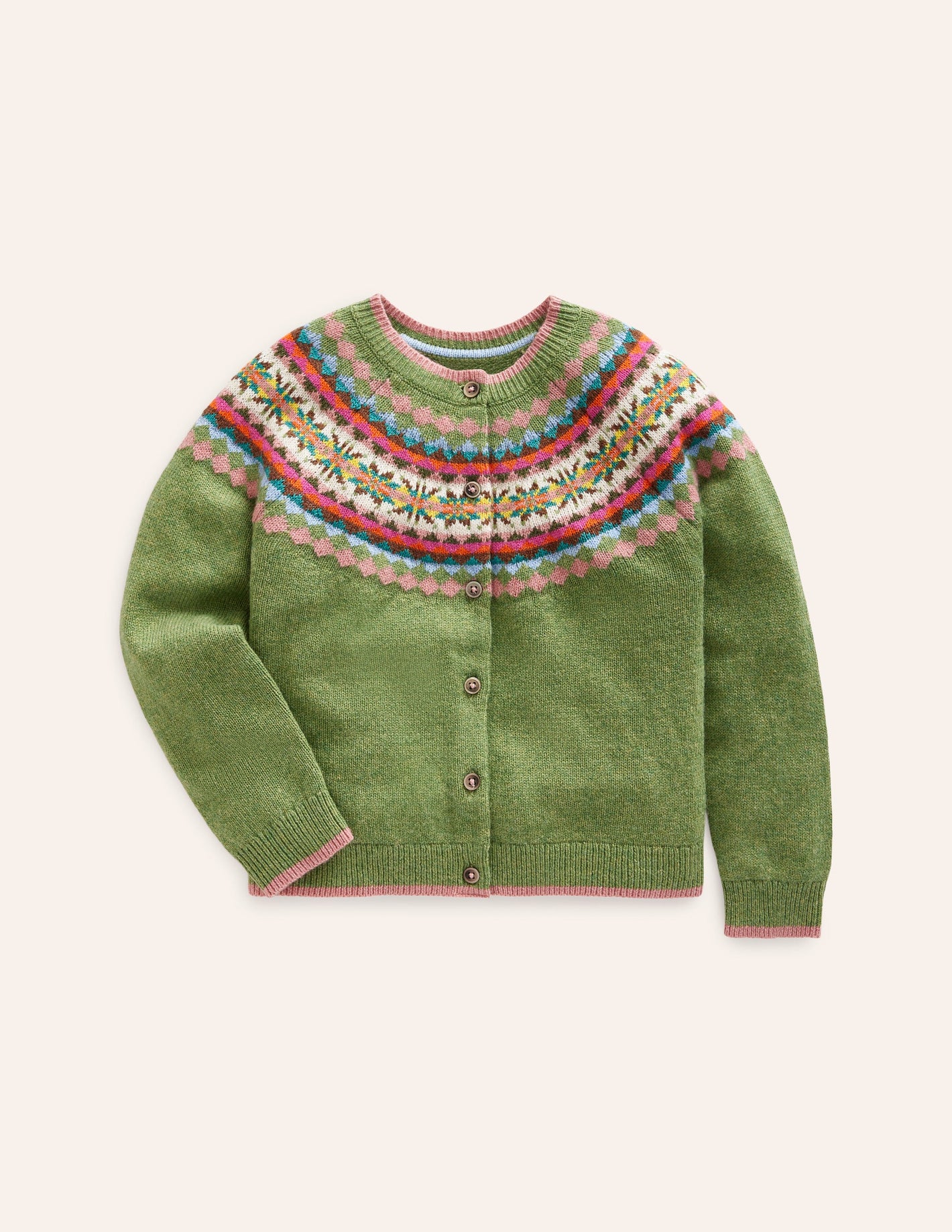 Edie Fair Isle Cardigan -Green/ Pink Fair Isle