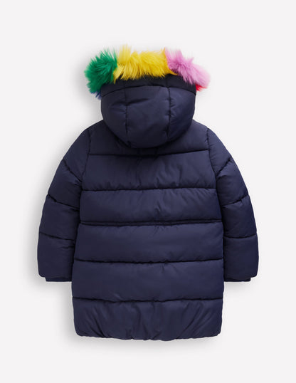 Longline Padded Coat -College Navy Rainbow Fur