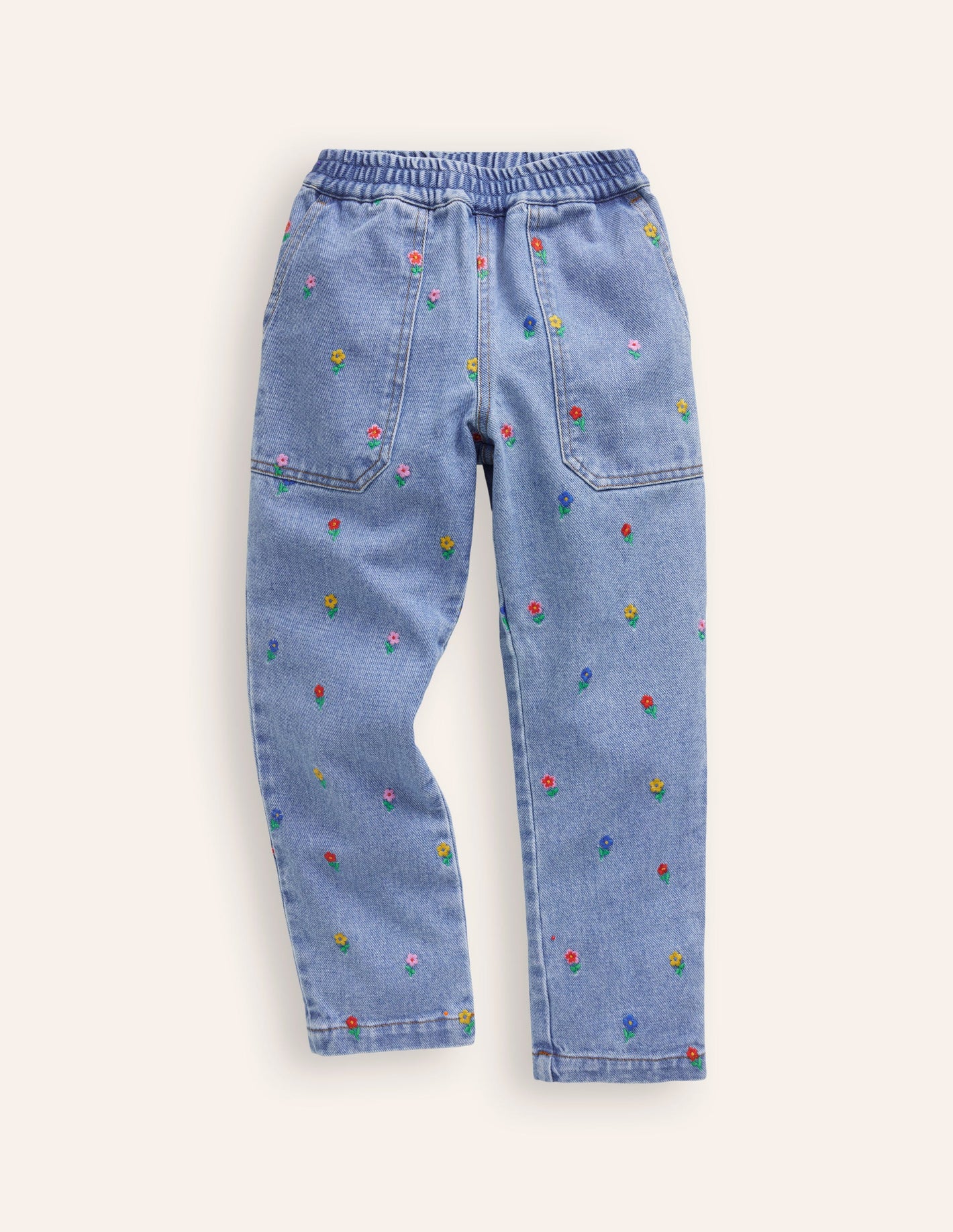 Embroidered Pull-On Trousers-Denim Floral Embroidery