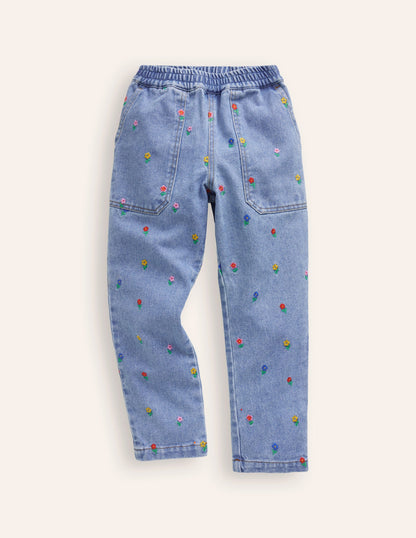 Embroidered Pull-On Trousers-Denim Floral Embroidery