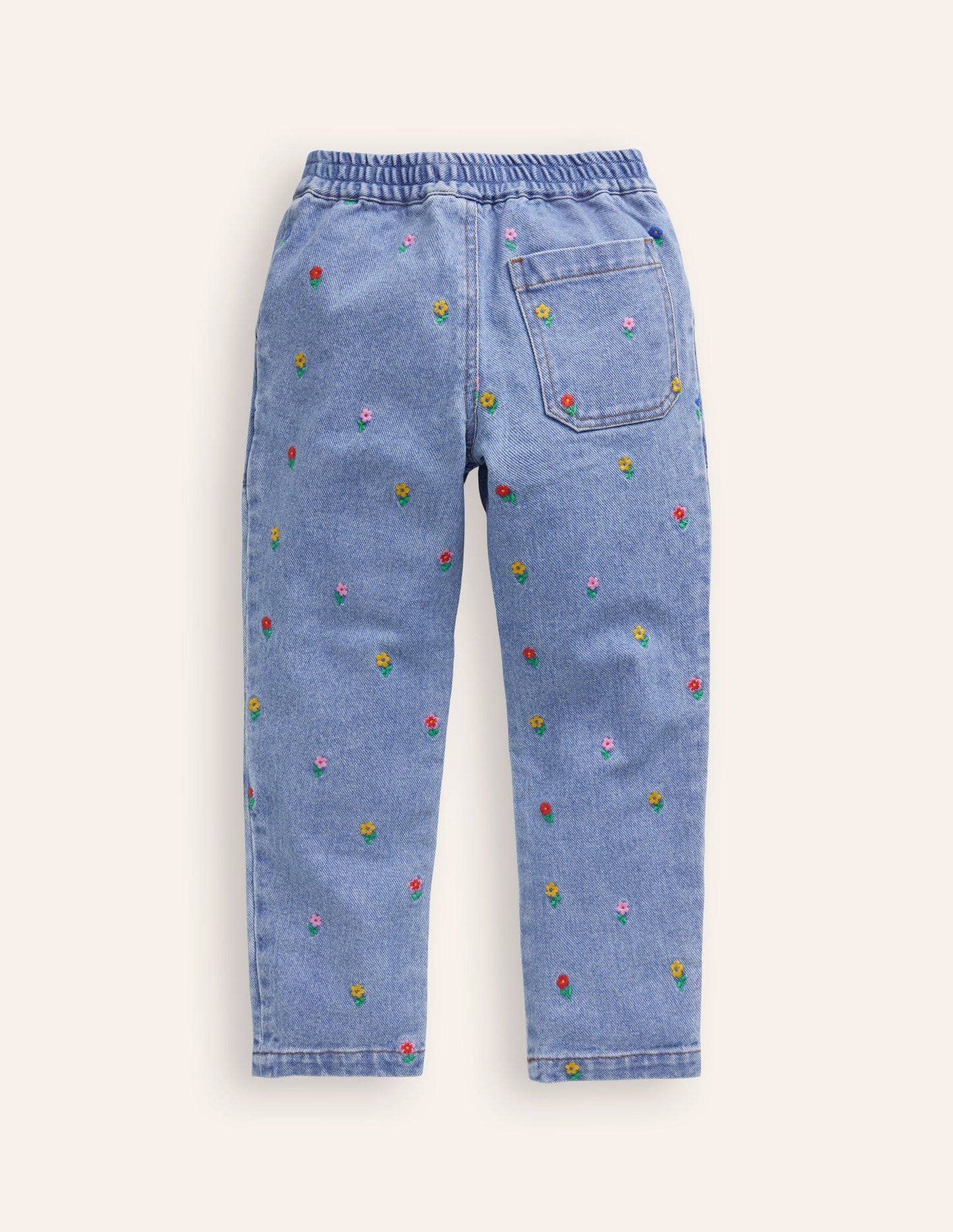 Embroidered Pull-On Trousers-Denim Floral Embroidery