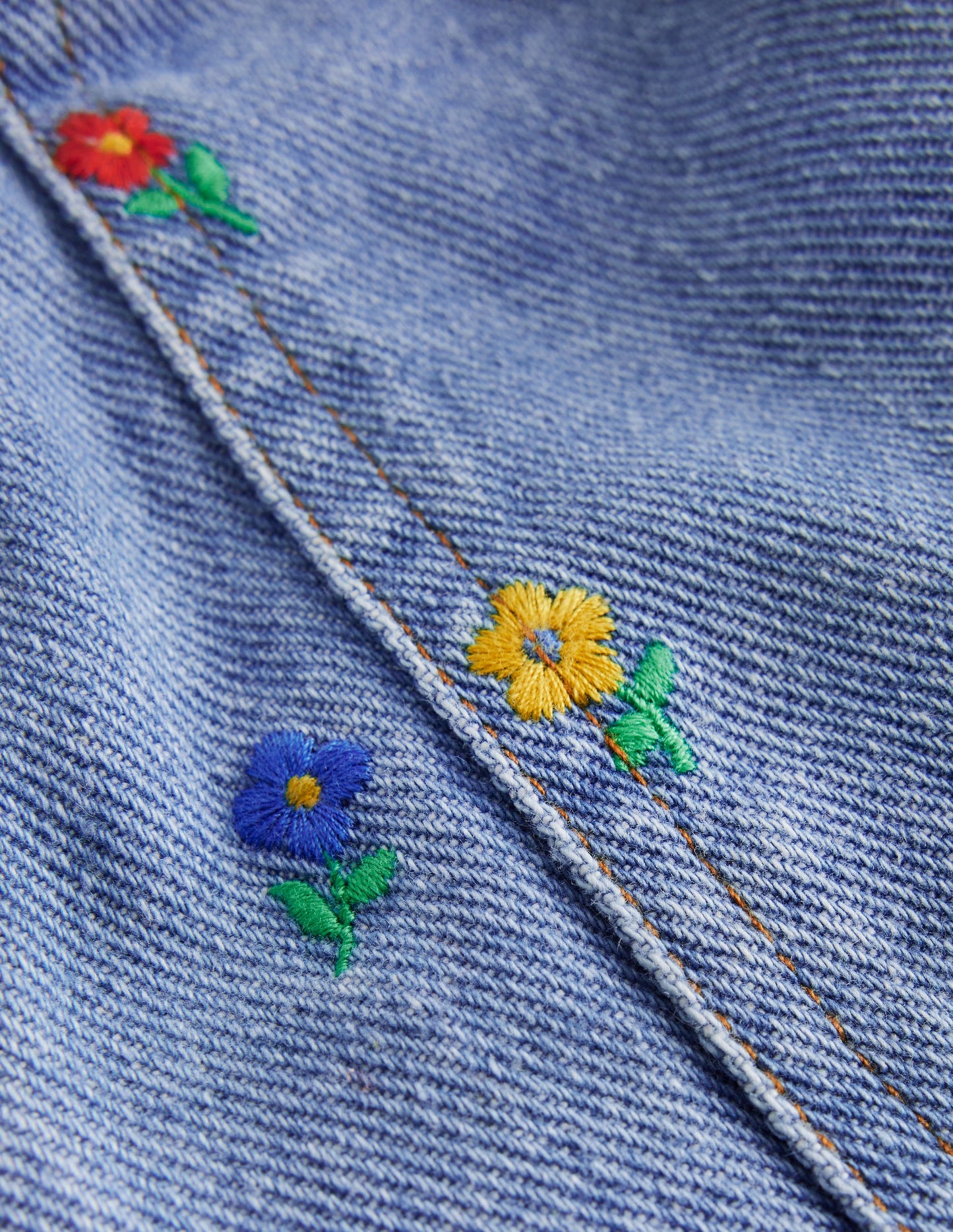 Embroidered Pull-On Trousers-Denim Floral Embroidery