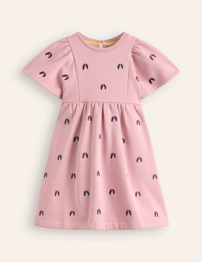 Embroidered Cosy Sweat Dress-Vintage Pink Pups