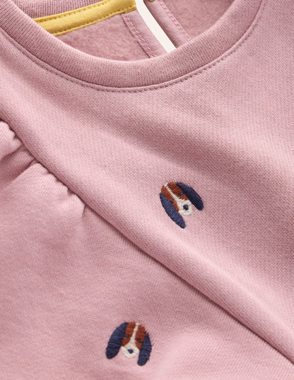 Embroidered Cosy Sweat Dress-Vintage Pink Pups