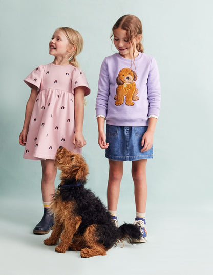 Embroidered Cosy Sweat Dress-Vintage Pink Pups