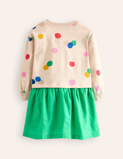 Sweatshirt Woven Mix Dress-Oatmeal Marl Painted Spot