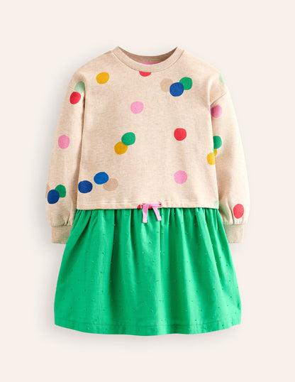 Sweatshirt Woven Mix Dress-Oatmeal Marl Painted Spot