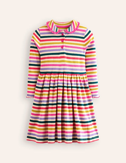 Collared Rib Twirly Dress-Oatmeal Melange Multi Stripe