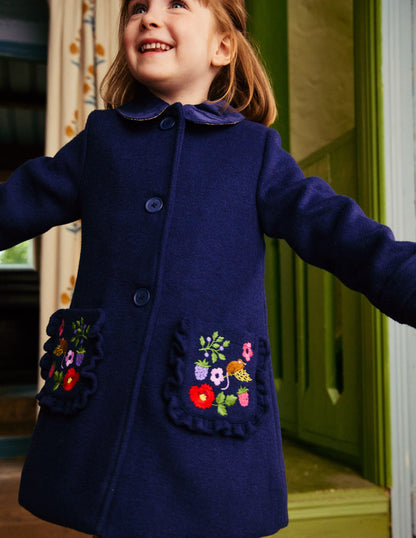 Wonderful Wool Blended Coat-College Navy Embroidery