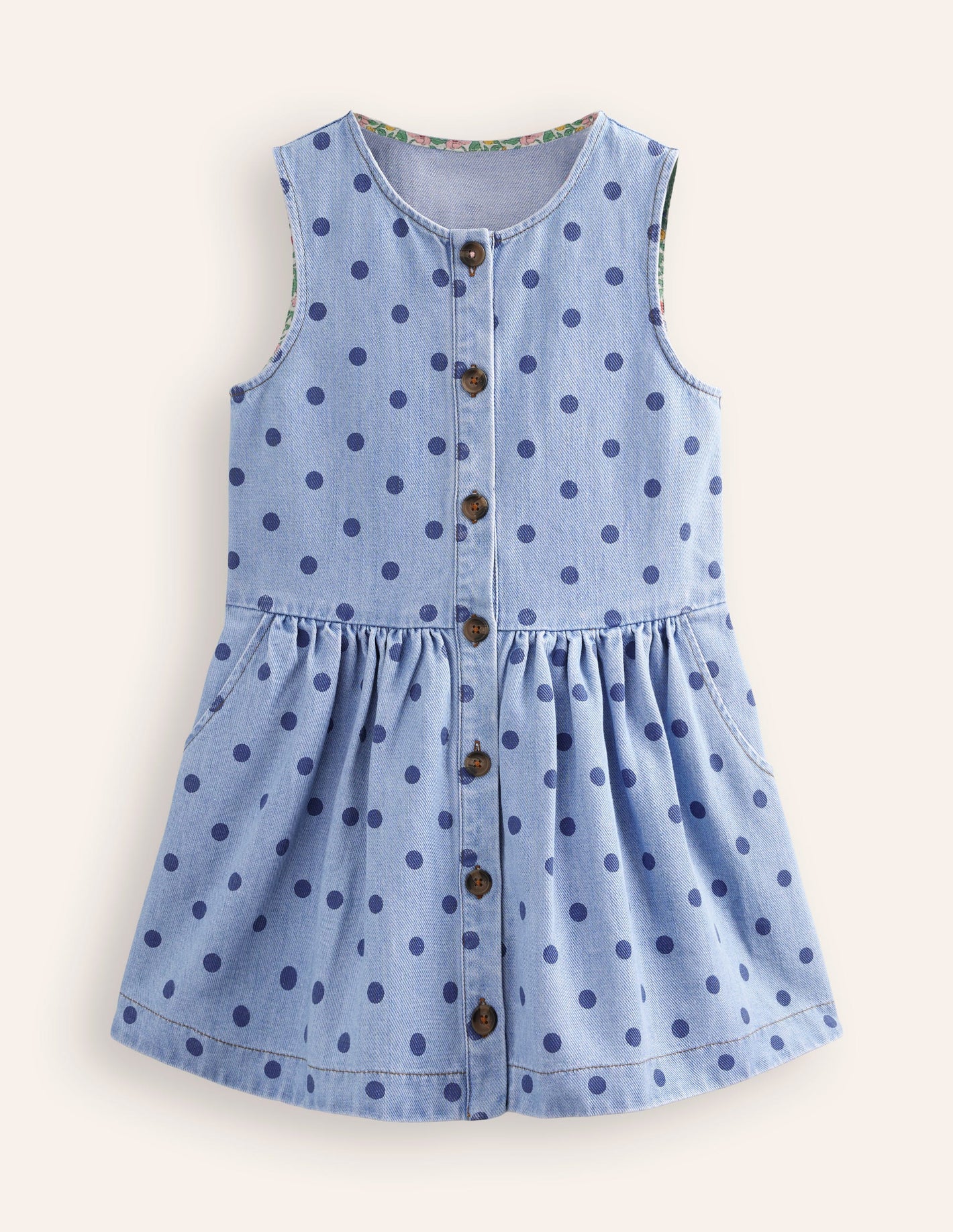 Button Through Pinafore Dress-Mid Vintage Denim Spot