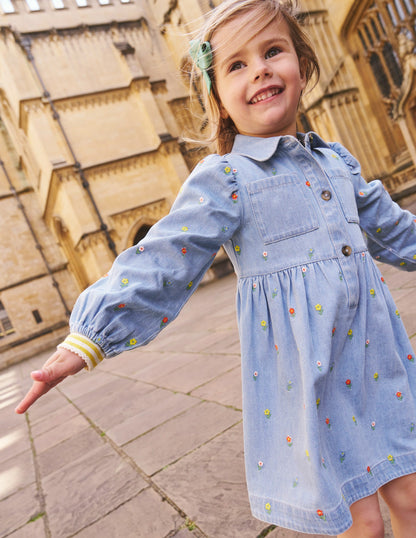 Puff Sleeve Shirt Dress-Mid Vintage Denim Flower