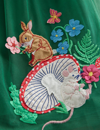 Velvet Tulle Appliqué Dress-Jewel Green Woodland Animals