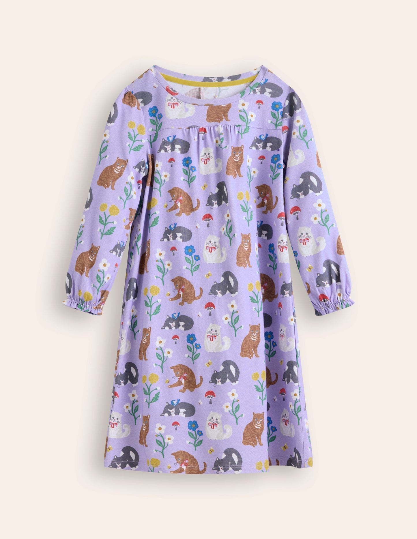 Printed Long-sleeved Nightie-Misty Lavender Cats