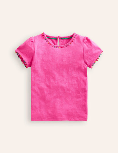 Ali Puff Sleeve Pom T-Shirt-Strawberry Pink