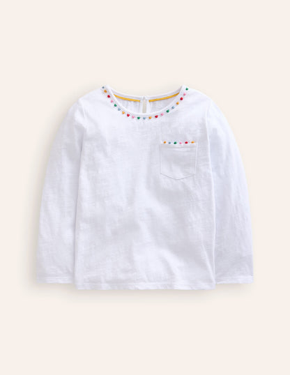 Ali Long Sleeve Pom T shirt-White