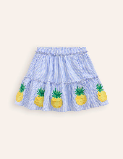 Appliqué Skirt-Ivory/ Surf Blue Pineapples