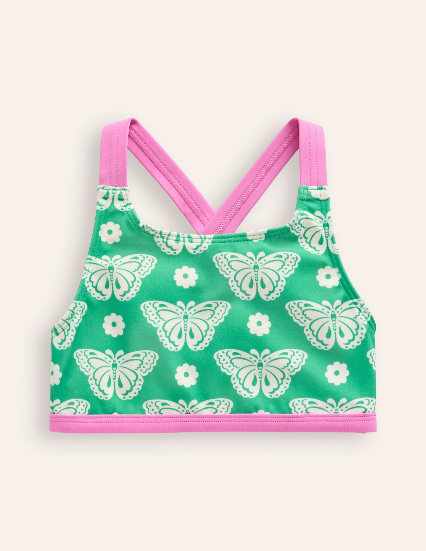 Cross Back Bikini Top-Pea Green Butterfly Stamp