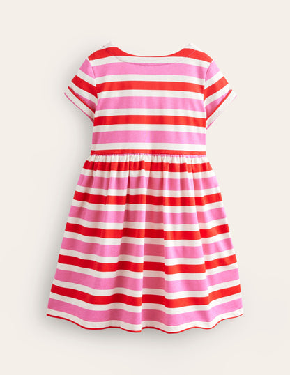 Short-sleeved Fun Jersey Dress-Poppy Red/ Pink Stripe