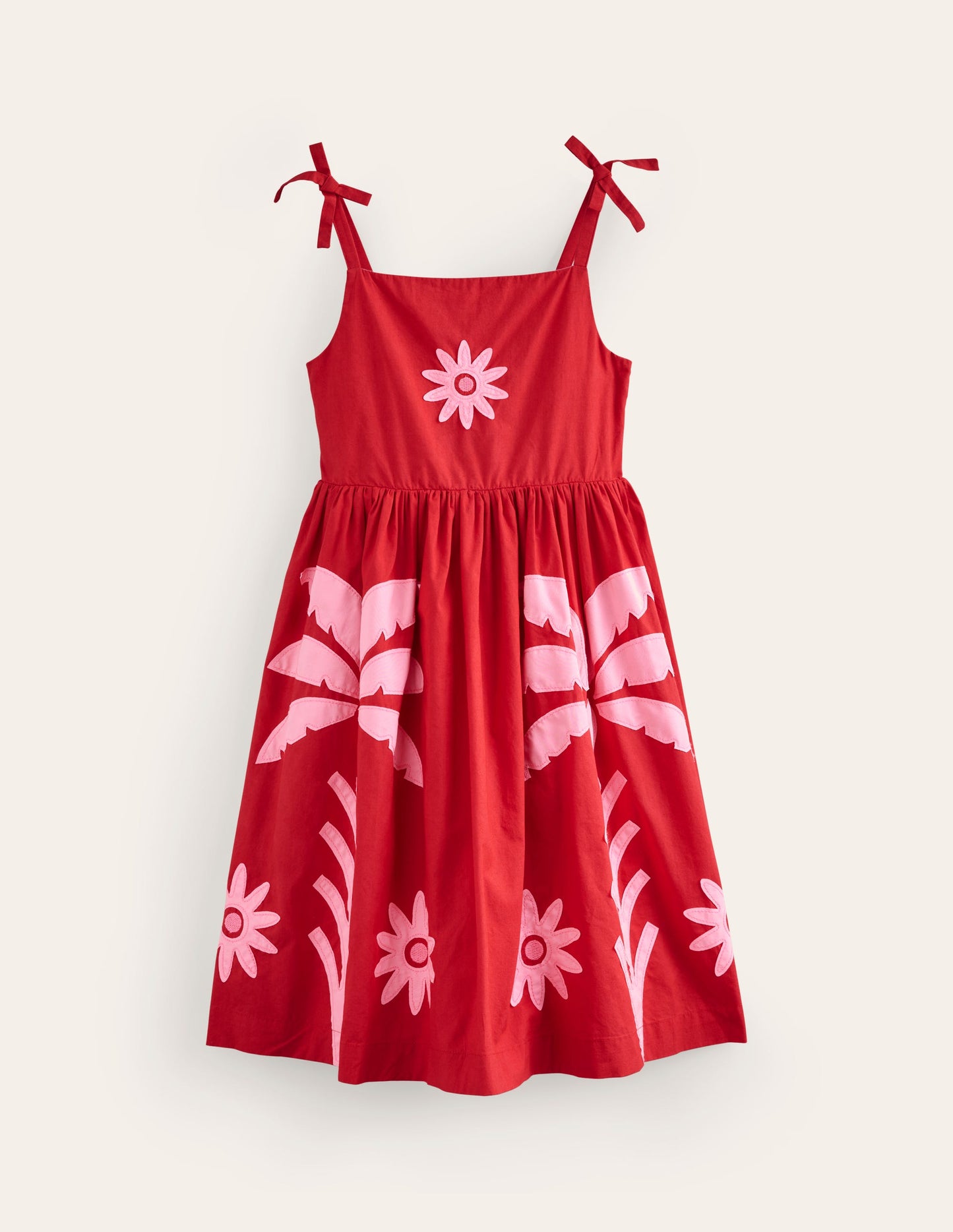 Appliqué Cotton Dress-Poppy Red Palms