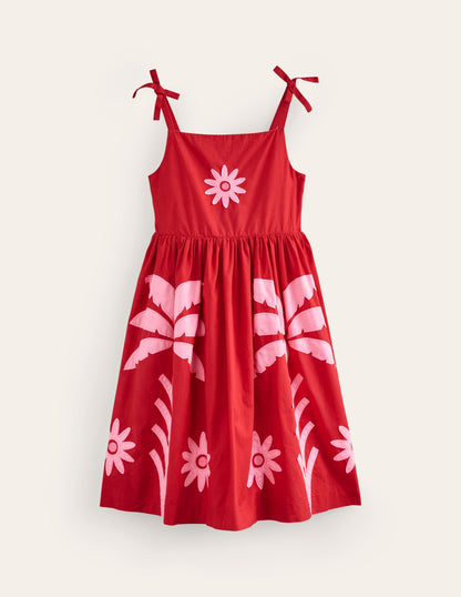 Appliqué Cotton Dress-Poppy Red Palms