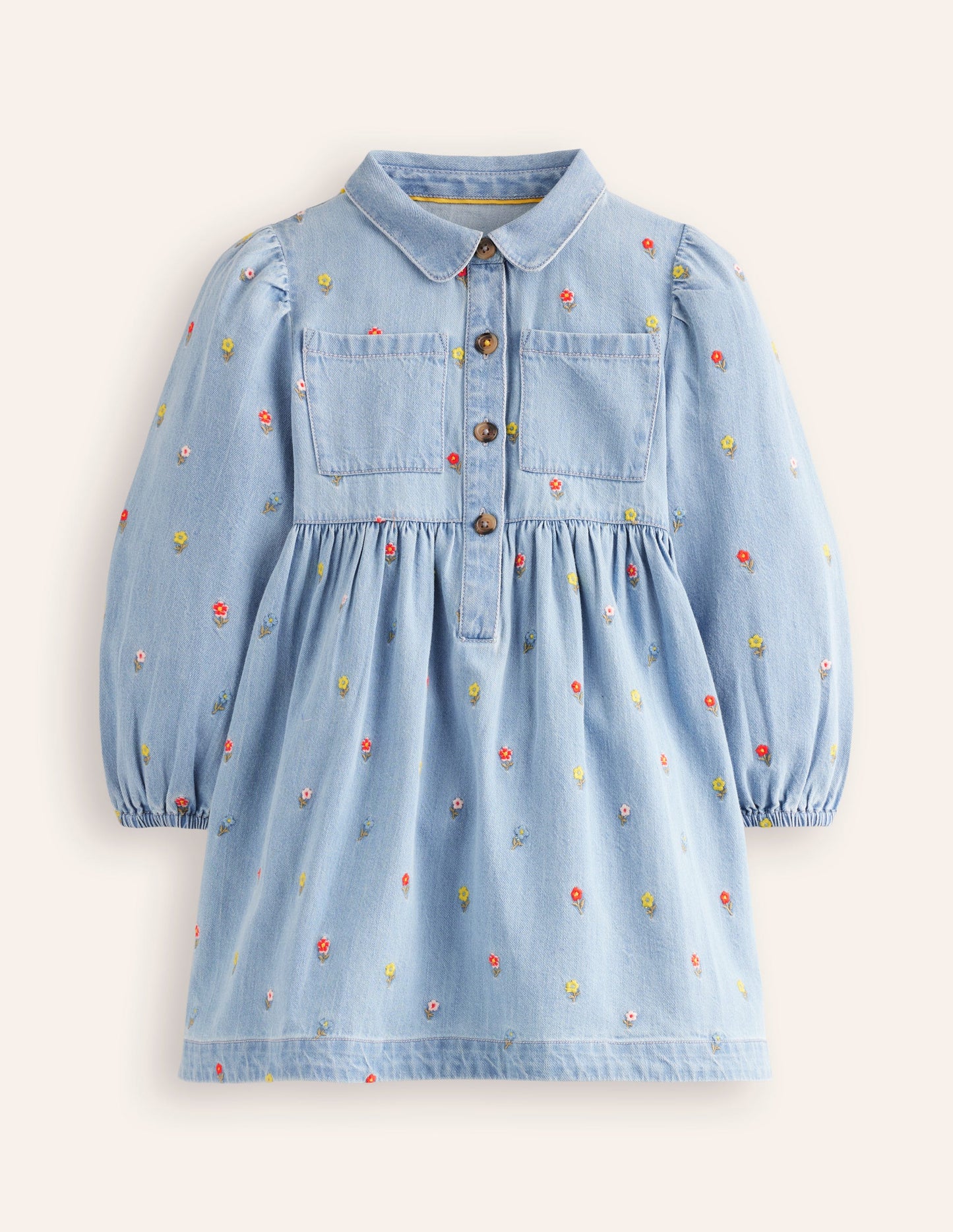 Puff Sleeve Shirt Dress-Mid Vintage Denim Flower