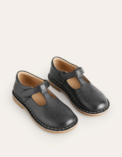 Leather T-bar Flats-Black