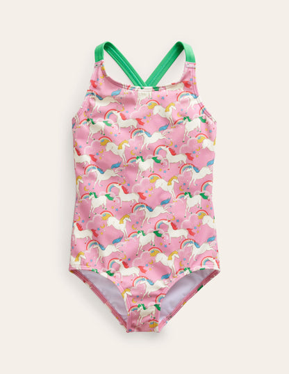 Cross-back Printed Swimsuit-Formica Pink Unicorns