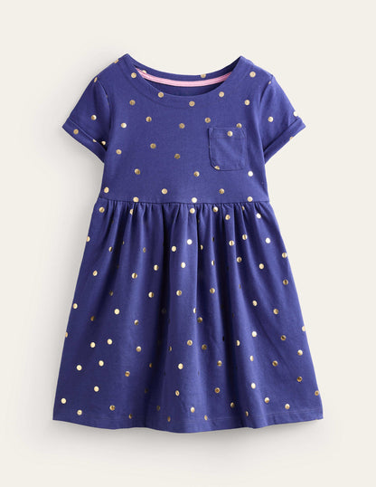 Short-sleeved Fun Jersey Dress-Classic Navy/Gold Spot