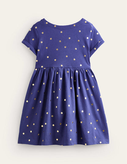 Short-sleeved Fun Jersey Dress-Classic Navy/Gold Spot