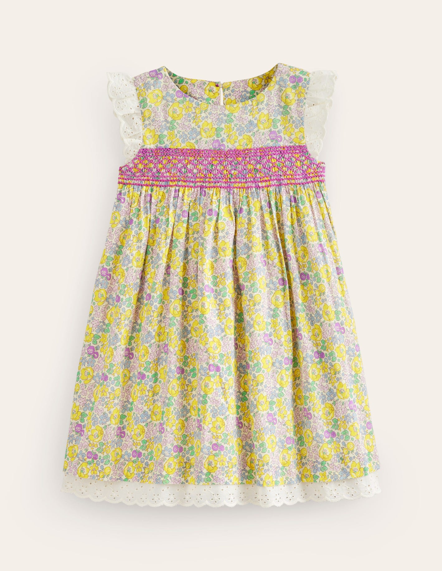 Smocked Lace Trim Dress-Yellow Spring Bloom