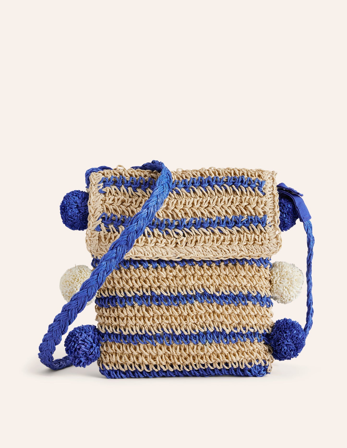 Cross-Body Straw Bag-Blue Stripe Poms