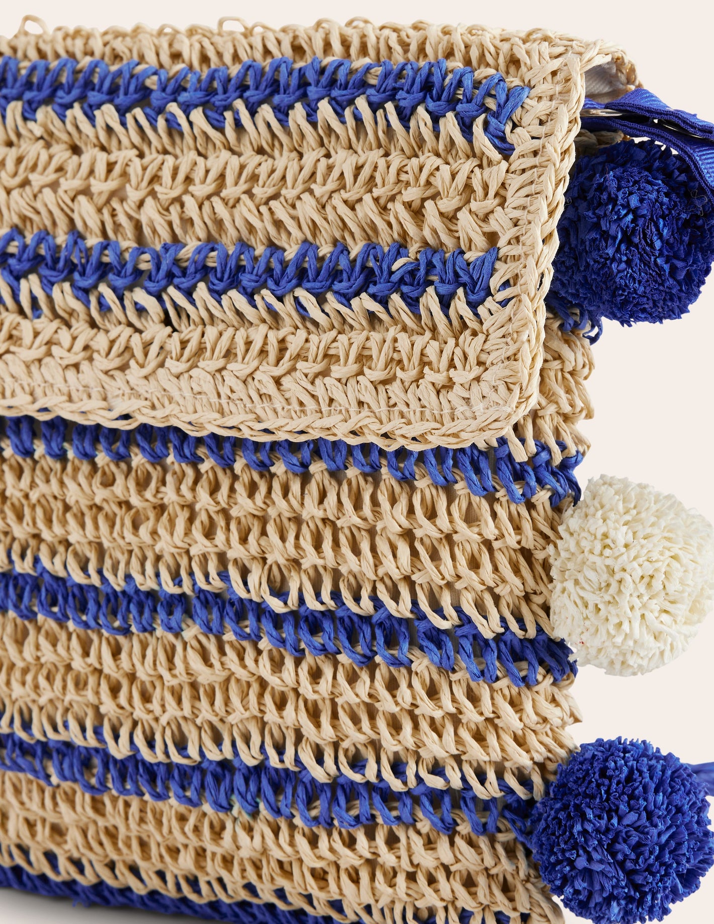 Cross-Body Straw Bag-Blue Stripe Poms