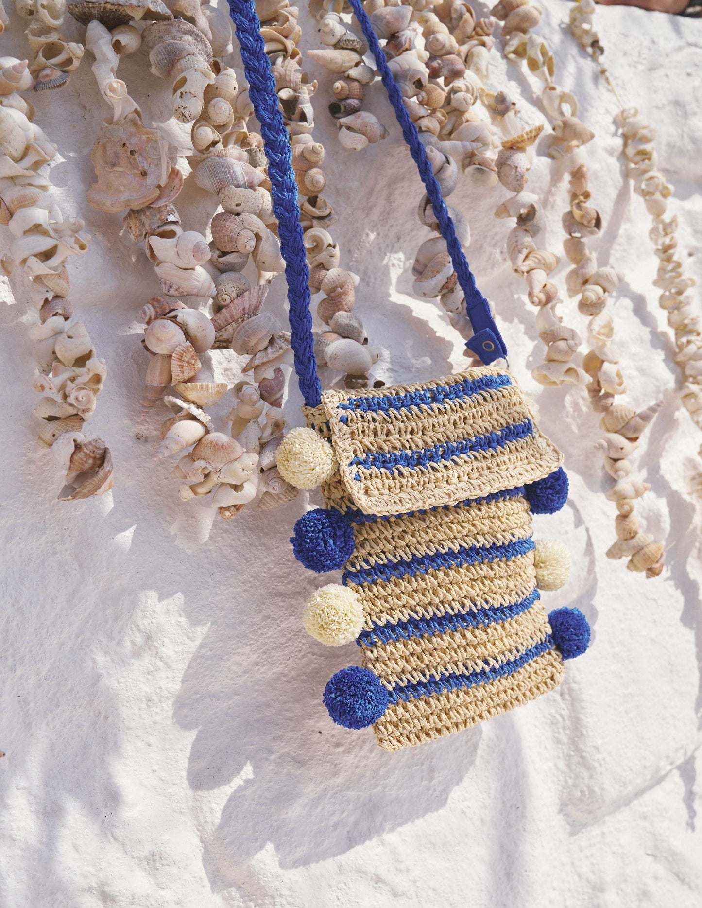 Cross-Body Straw Bag-Blue Stripe Poms