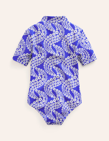 Short-sleeved Swimsuit-Dazzling Blue Daisy Wave