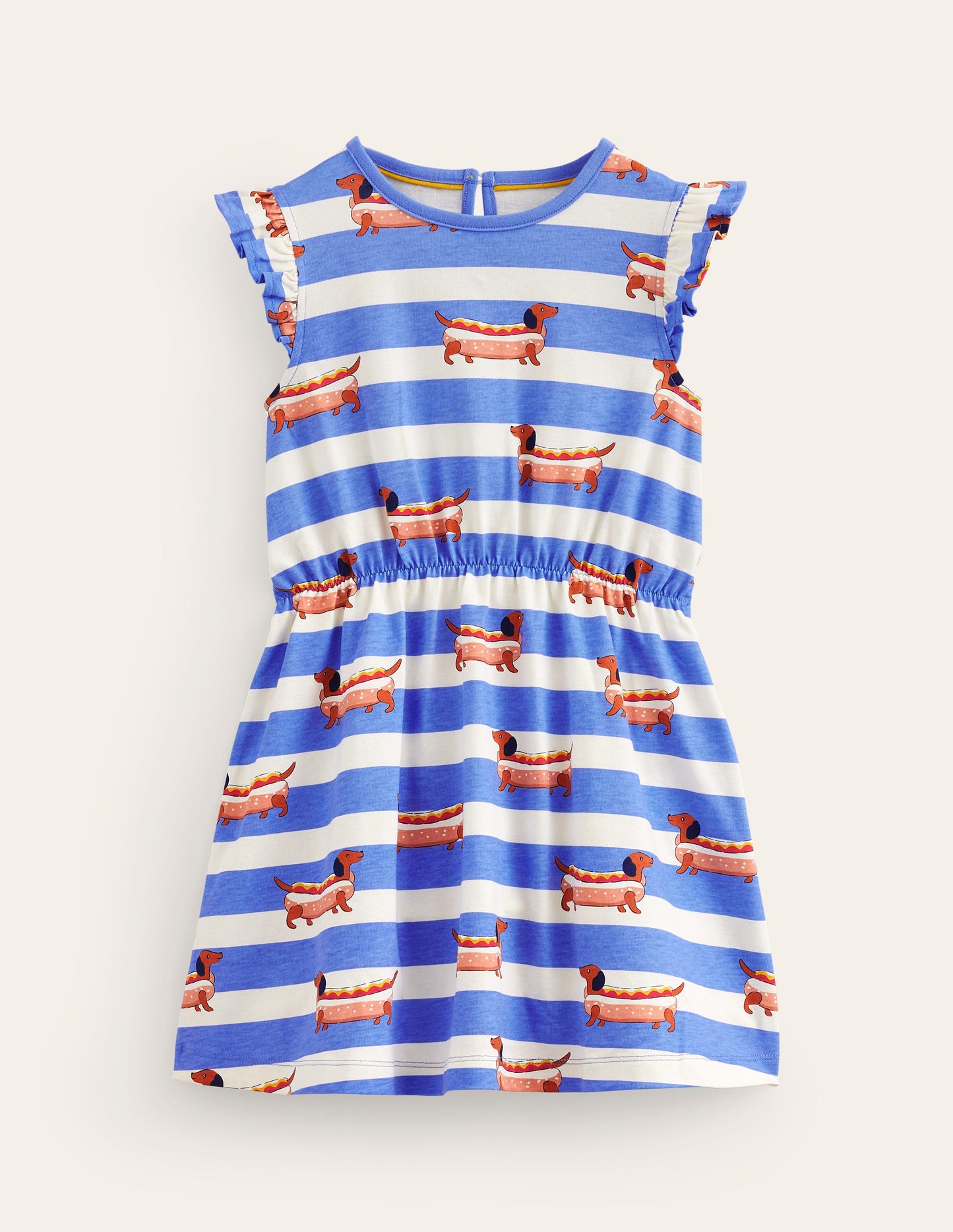 Frill Sleeve Jersey Dress-Surf Blue Hot Dog Stripe