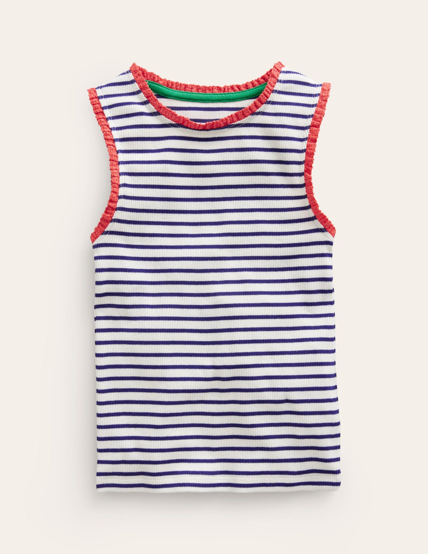 Ribbed Lace Trim Vest-Ivory/ Sapphire Blue Stripe