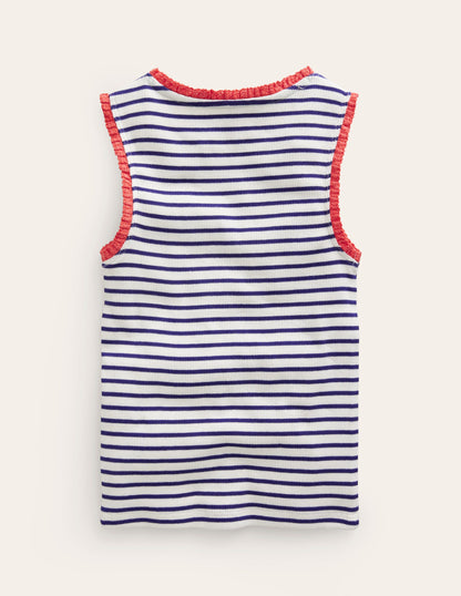 Ribbed Lace Trim Vest-Ivory/ Sapphire Blue Stripe