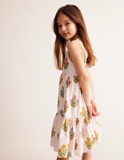 Tiered Twirly Sundress-Pink Woodblock Floral