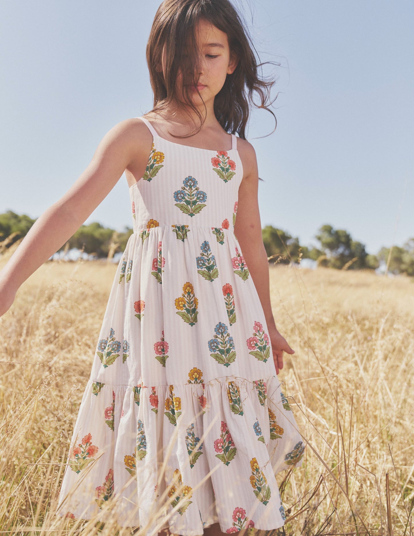 Tiered Twirly Sundress-Pink Woodblock Floral