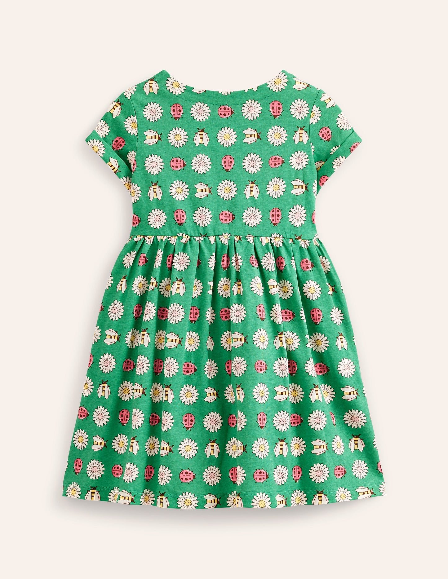 Short-sleeved Fun Jersey Dress-Pea Green Daisy Bugs