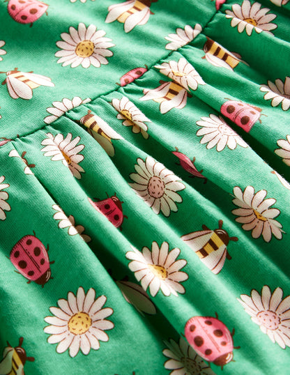 Short-sleeved Fun Jersey Dress-Pea Green Daisy Bugs