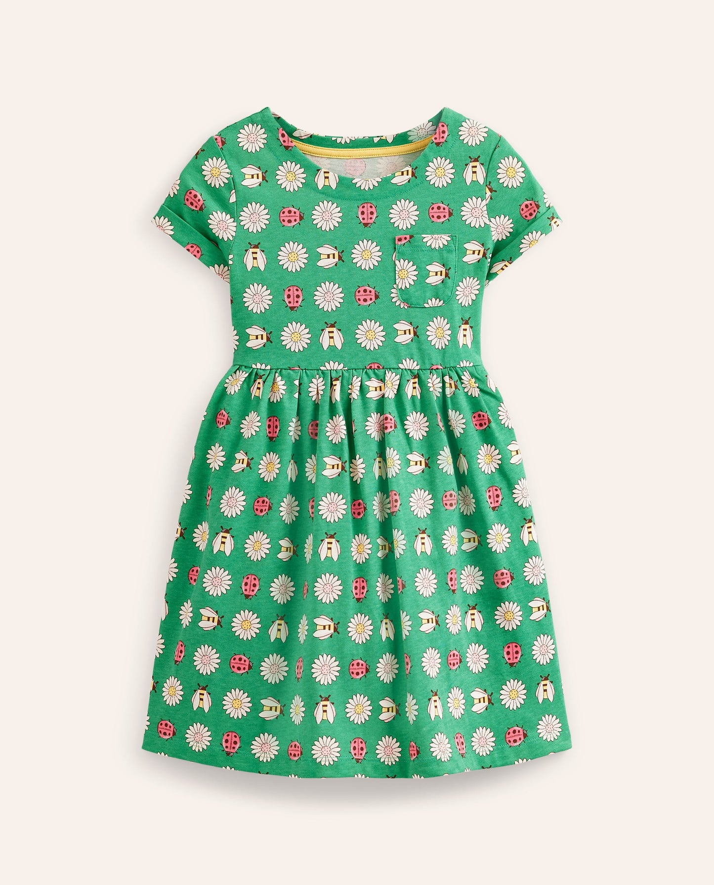 Short-sleeved Fun Jersey Dress-Pea Green Daisy Bugs