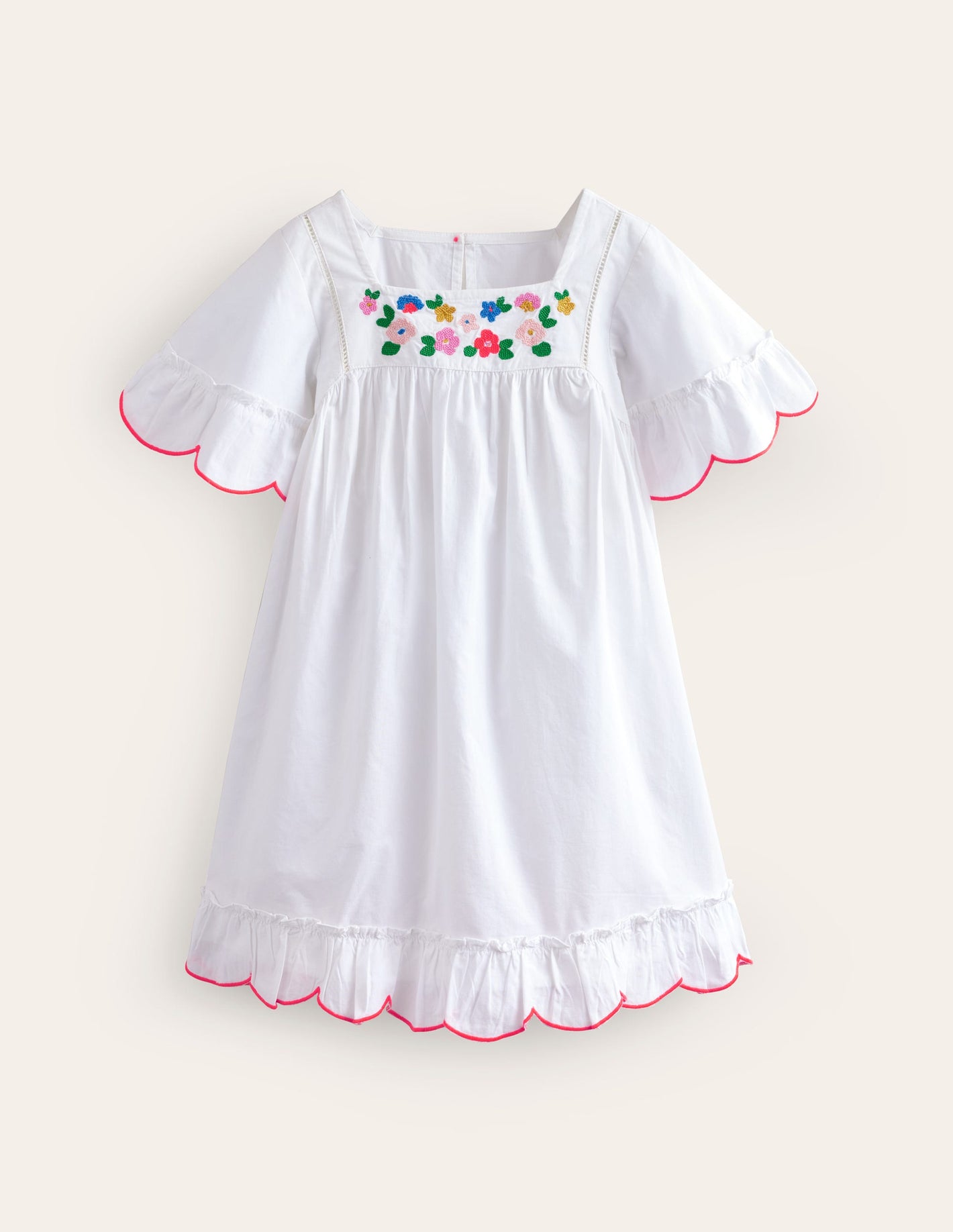 Lightweight Holiday Dress-White Floral Embroidery