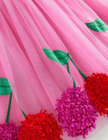 Jersey Tulle Appliqué Dress-Pink Cherries