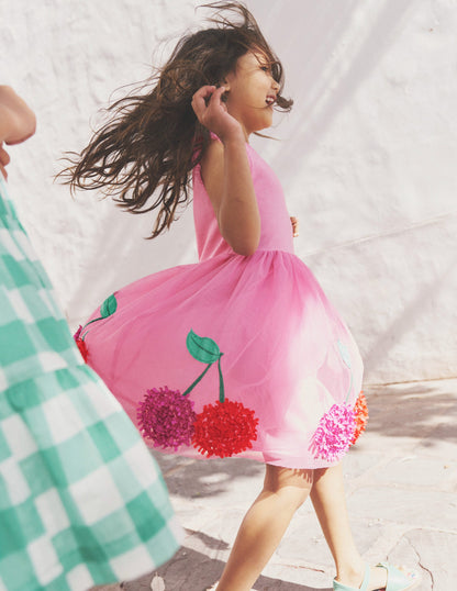 Jersey Tulle Appliqué Dress-Pink Cherries