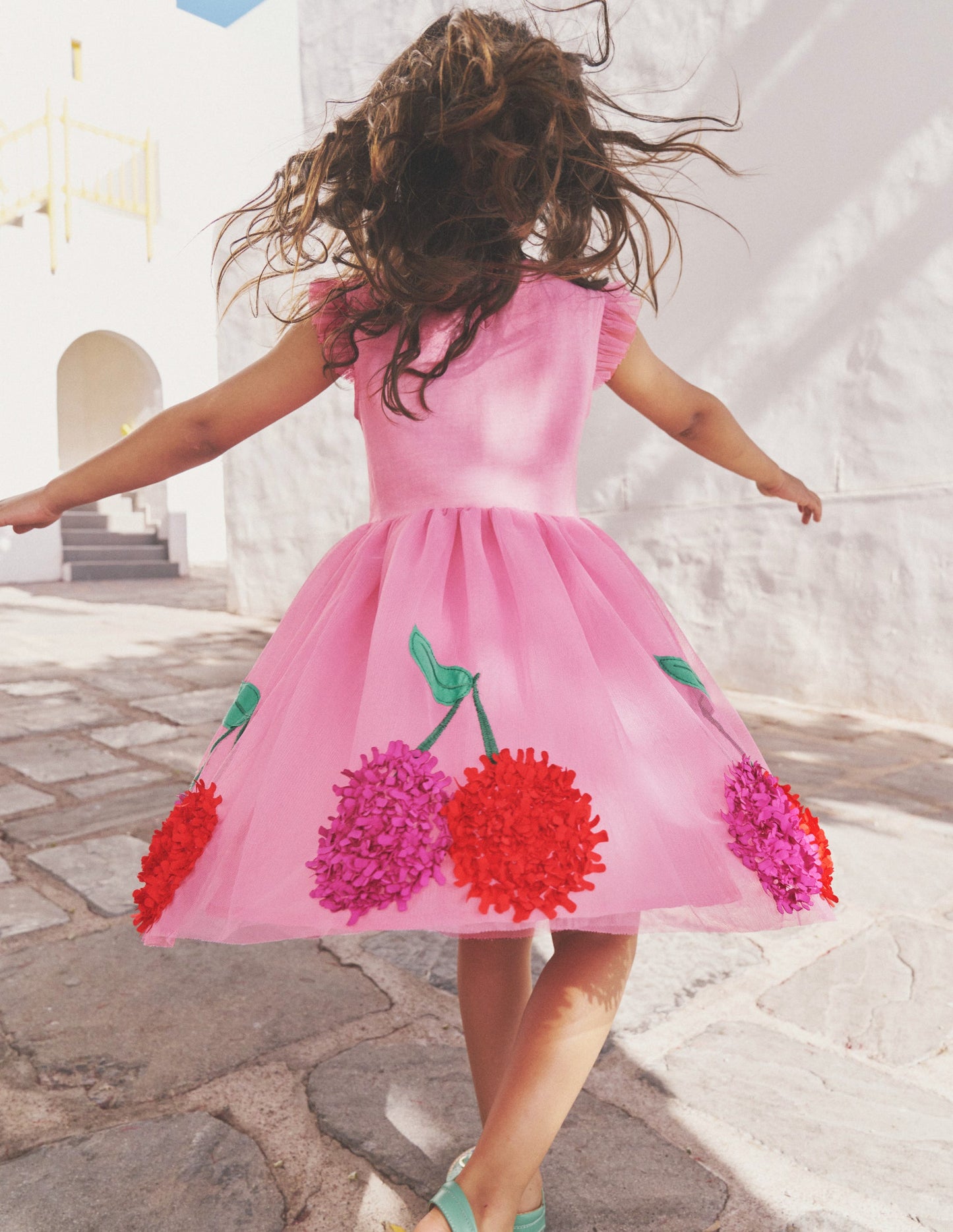 Jersey Tulle Appliqué Dress-Pink Cherries