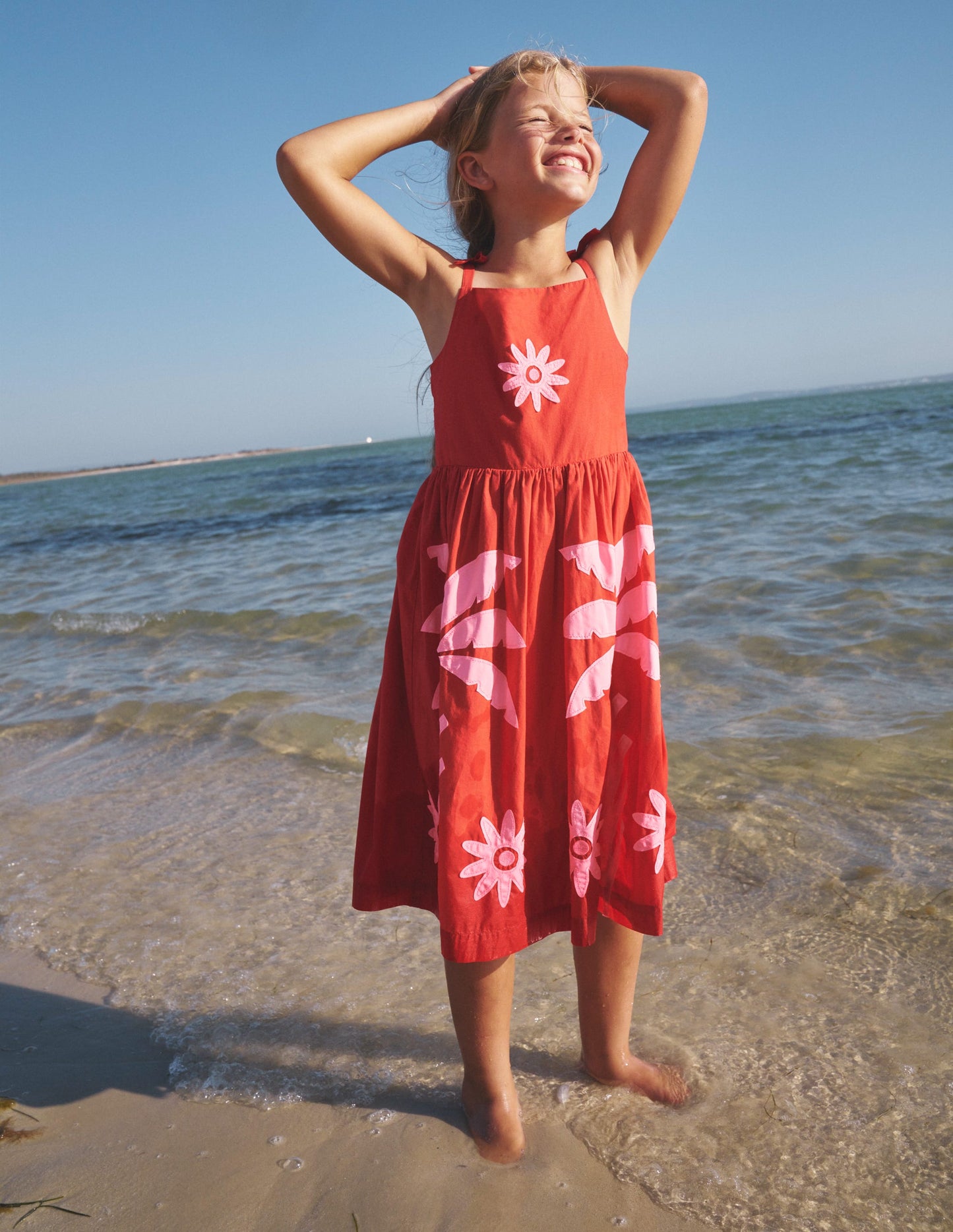 Appliqué Cotton Dress-Poppy Red Palms