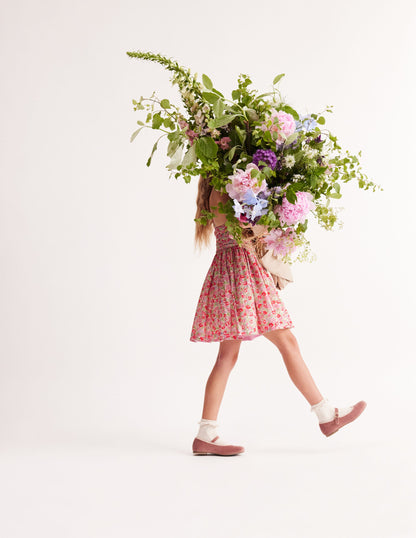 Ruched Cotton Linen Dress-Bubblegum Peony Floral