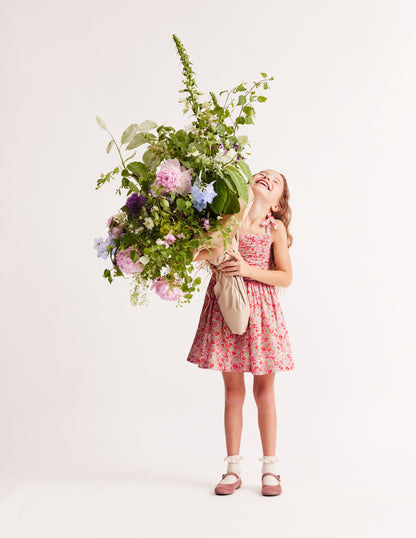 Ruched Cotton Linen Dress-Bubblegum Peony Floral