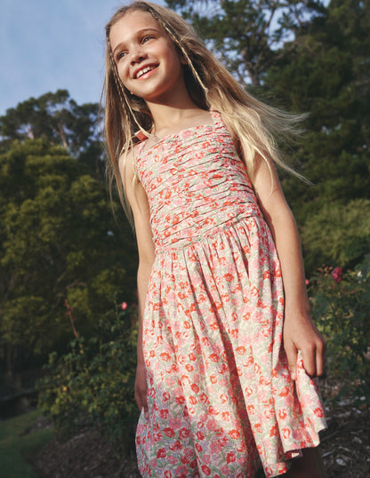 Ruched Cotton Linen Dress-Bubblegum Peony Floral